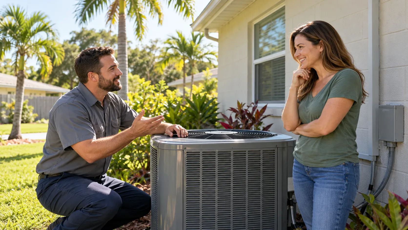Homeowner talking with a friendly HVAC provider beside an outdoor AC unit near Fort Lauderdale